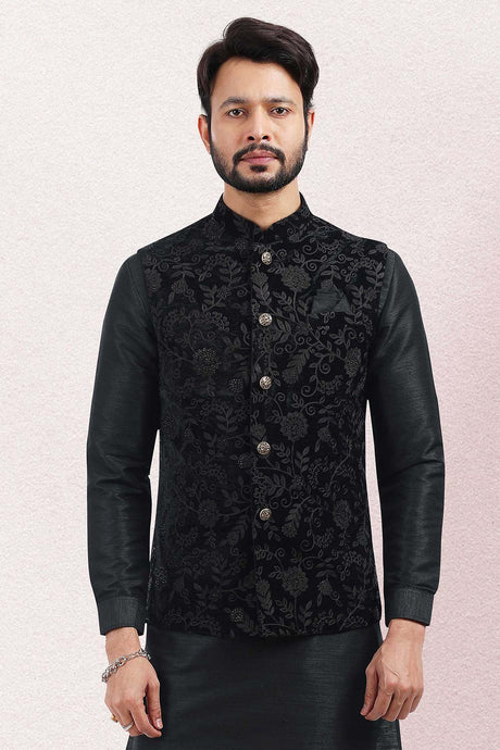 Buy Men's Black Valvet Embroidered Kurta Pajama Set  Online - Back