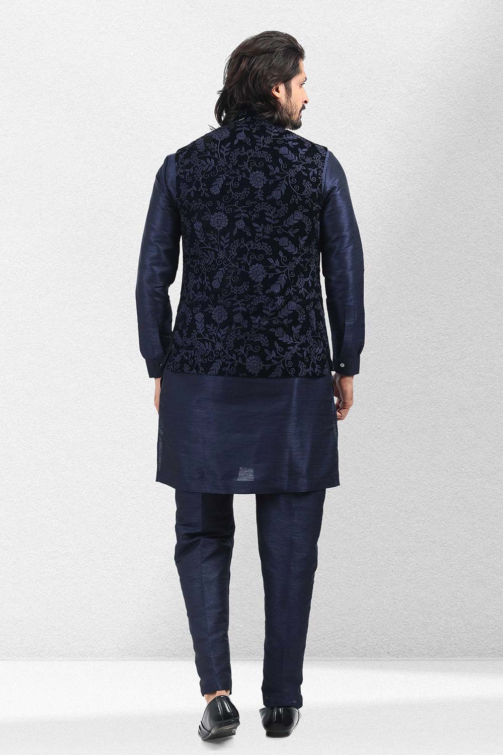 Buy Men's Blue Valvet Embroidered Kurta Pajama Set  Online - Back