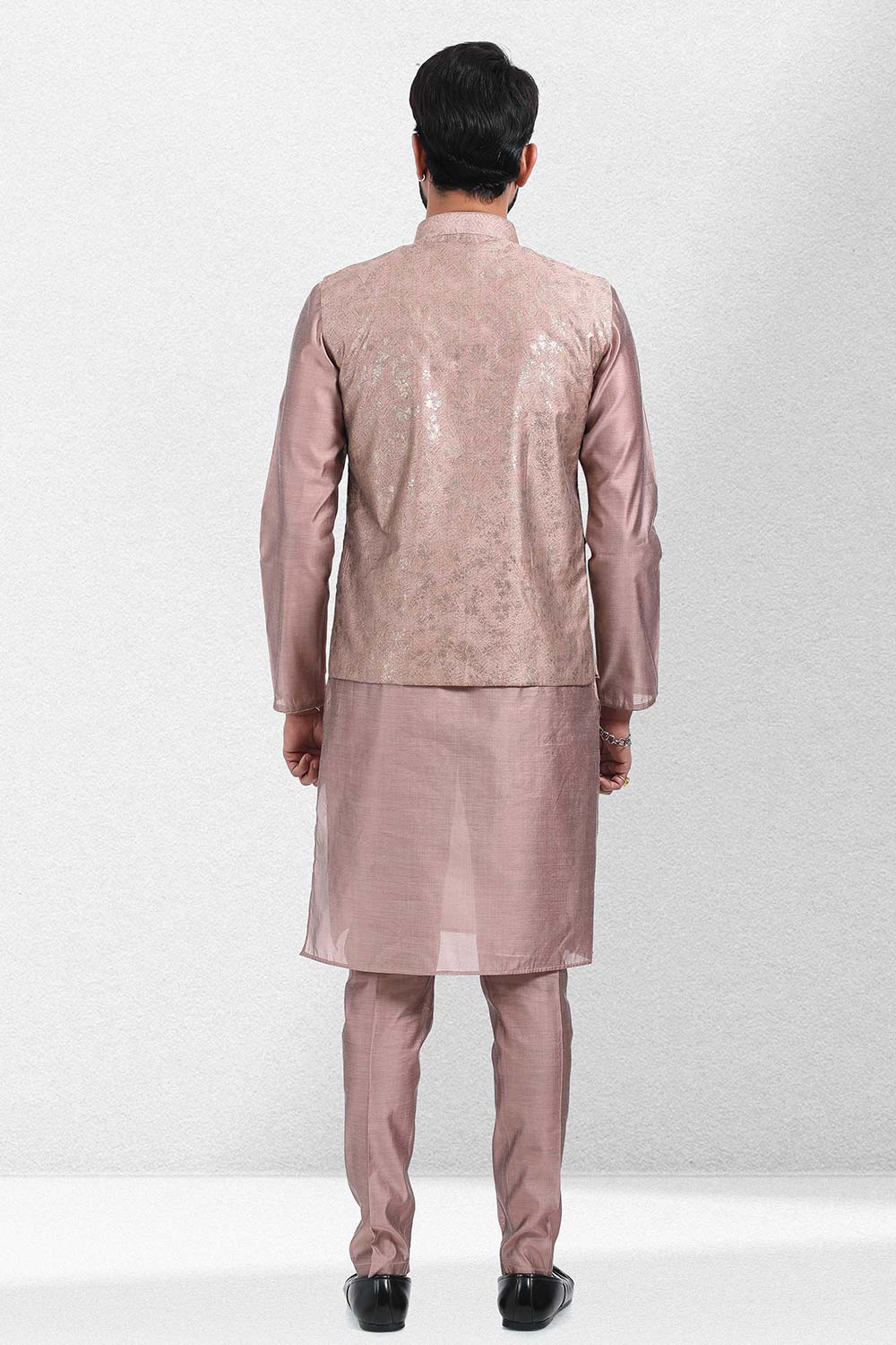 Buy Men's Onion Pink Banarasi Silk Foil Printed Kurta Pajama Set  Online - Back