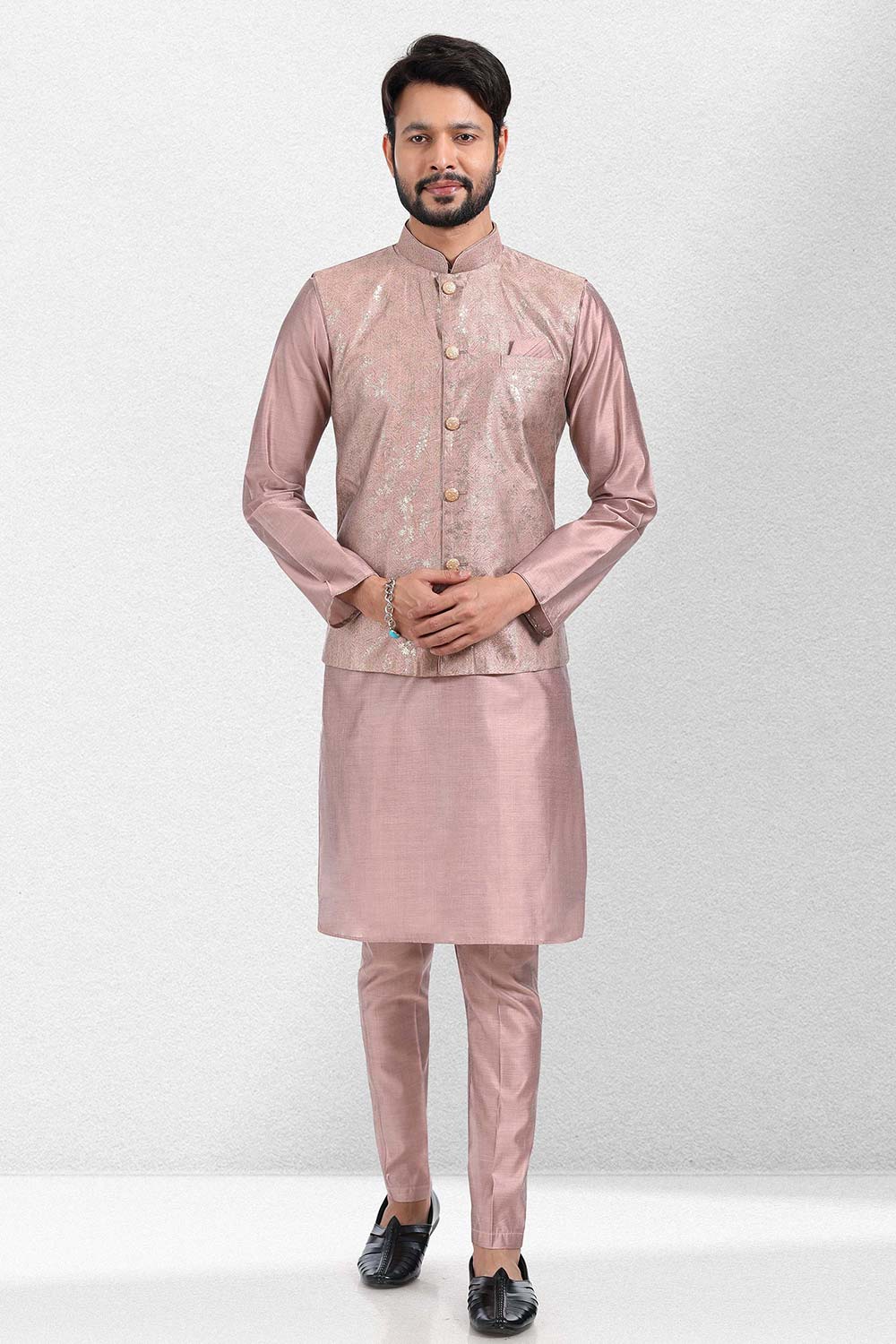 Buy Men's Onion Pink Banarasi Silk Foil Printed Kurta Pajama Set  Online