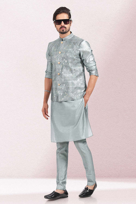Buy Men's Grey Banarasi Silk Foil Printed Kurta Pajama Set  Online