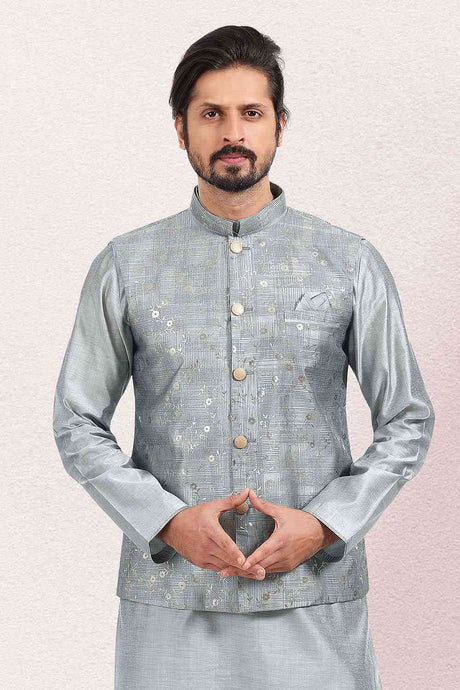 Buy Men's Grey Banarasi Silk Foil Printed Kurta Pajama Set  Online - Back