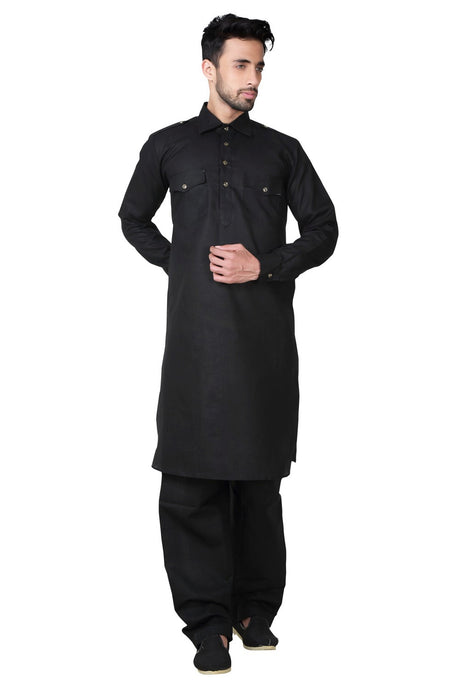 Buy Men's Cotton Linen Solid Pathani Set in Black