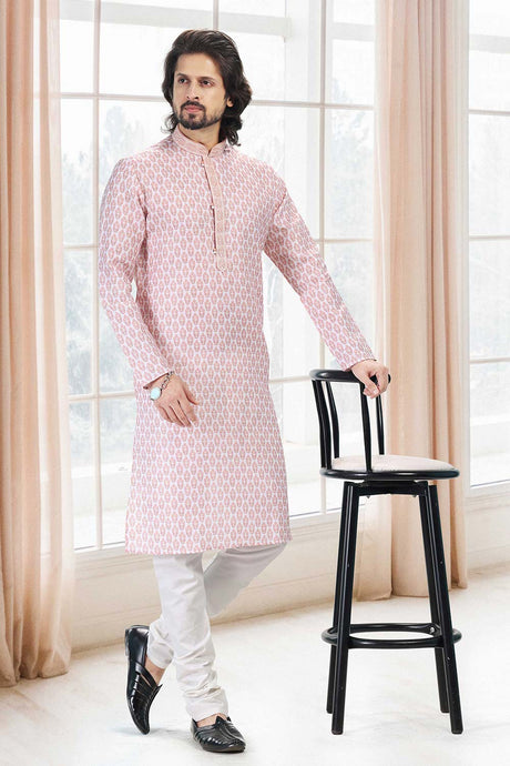 Buy Men's Peach Cotton Printed Kurta Pajama Set  Online
