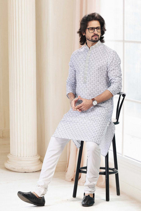 Buy Men's Grey Cotton Printed Kurta Pajama Set  Online - Back