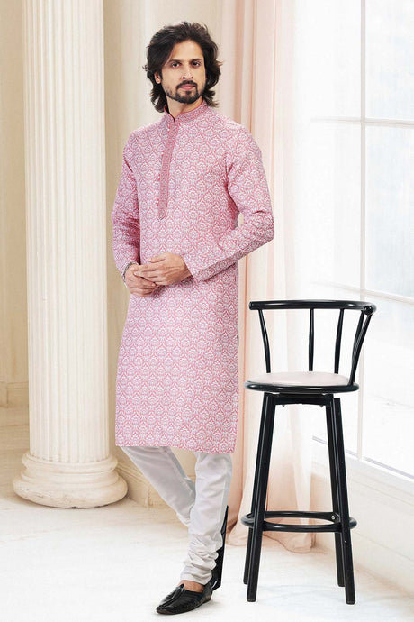 Buy Men's Pink Cotton Printed Kurta Pajama Set  Online