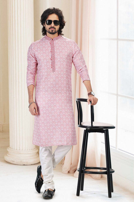Buy Men's Pink Cotton Printed Kurta Pajama Set  Online - Back
