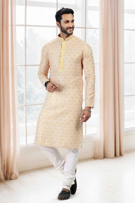 Buy Men's Yellow Cotton Printed Kurta Pajama Set  Online