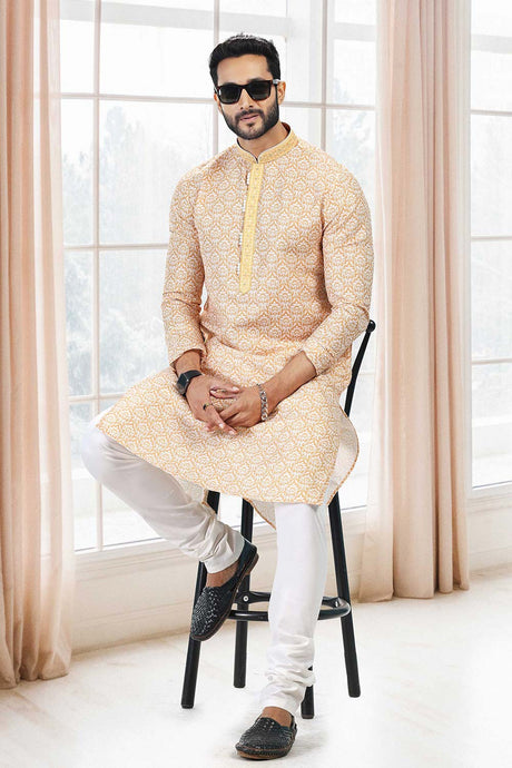 Buy Men's Yellow Cotton Printed Kurta Pajama Set  Online - Back