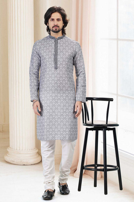 Buy Men's Grey Cotton Printed Kurta Pajama Set  Online