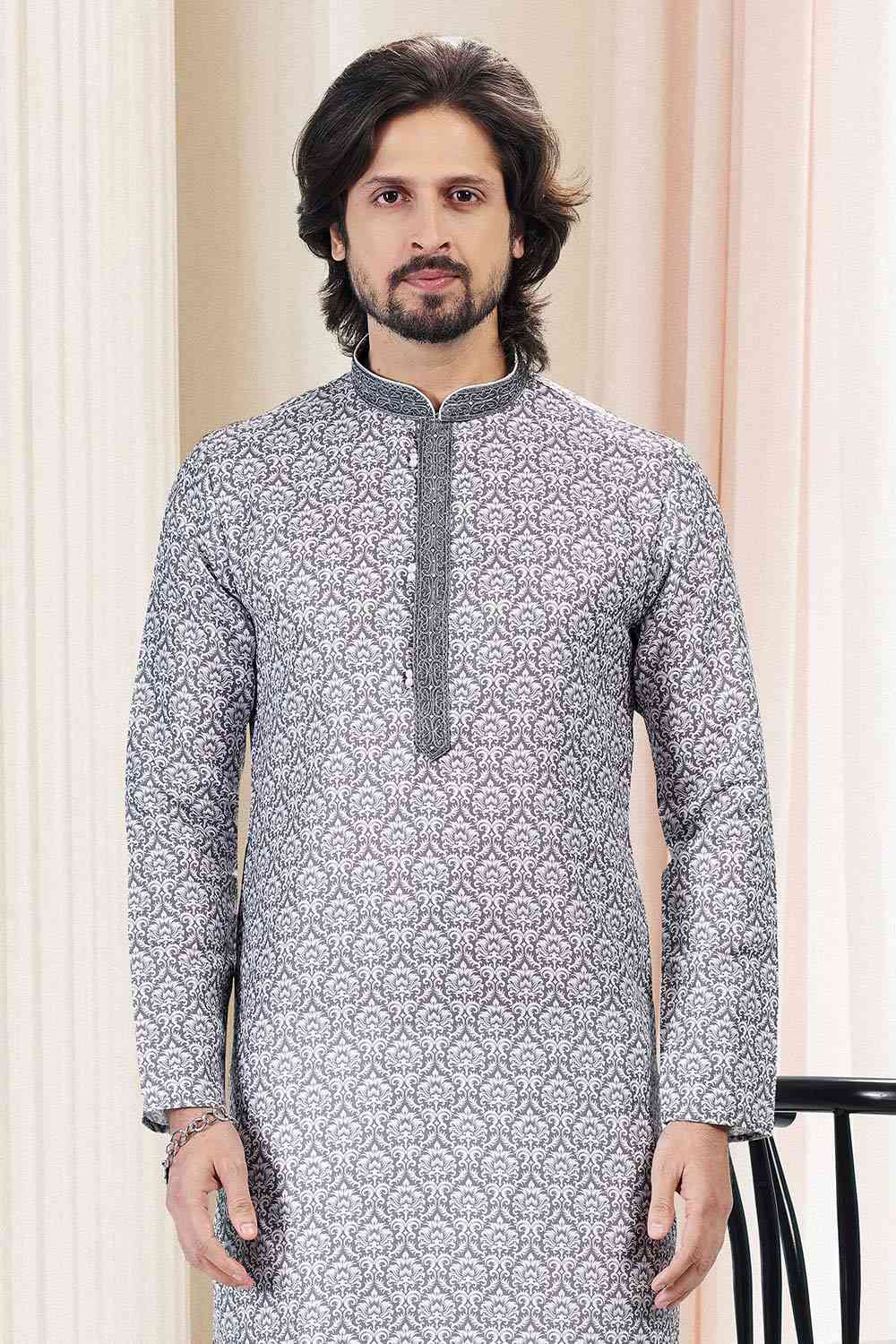Buy Men's Grey Cotton Printed Kurta Pajama Set  Online - Back