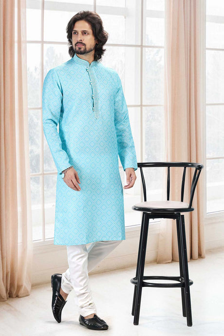 Buy Men's Teal Green Cotton Printed Kurta Pajama Set  Online