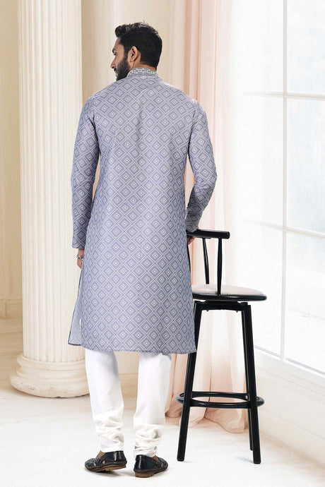 Buy Men's Grey Cotton Printed Kurta Pajama Set  Online - Back
