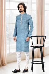 Buy Men's Blue Cotton Printed Kurta Pajama Set  Online