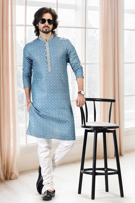 Buy Men's Blue Cotton Printed Kurta Pajama Set  Online - Back
