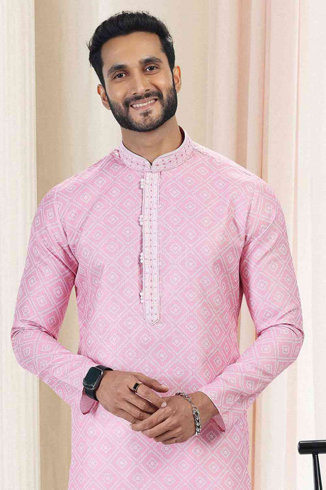 Buy Men's Pink Cotton Printed Kurta Pajama Set  Online - Back