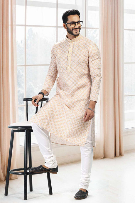 Buy Men's Yellow Cotton Printed Kurta Pajama Set  Online - Back