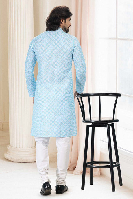 Buy Men's Blue Cotton Printed Kurta Pajama Set  Online - Back