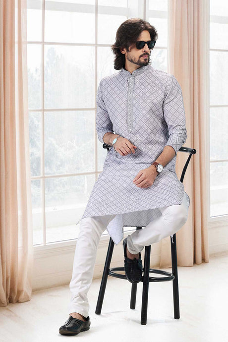 Buy Men's Grey Cotton Printed Kurta Pajama Set  Online - Back