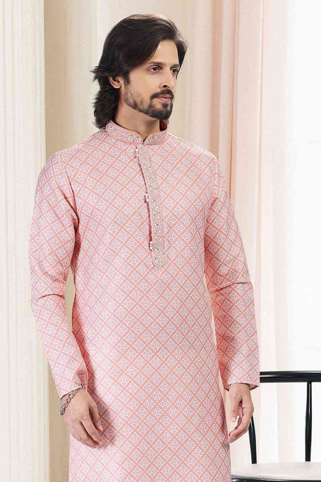 Buy Men's Peach Cotton Printed Kurta Pajama Set  Online - Back