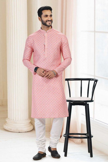 Buy Men's Orange Cotton Printed Kurta Pajama Set  Online