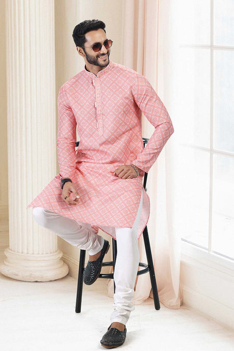 Buy Men's Orange Cotton Printed Kurta Pajama Set  Online - Back