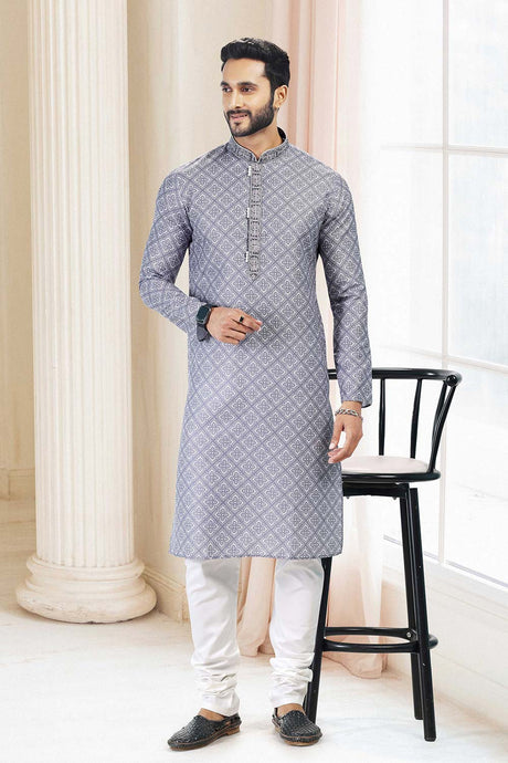 Buy Men's Grey Cotton Printed Kurta Pajama Set  Online
