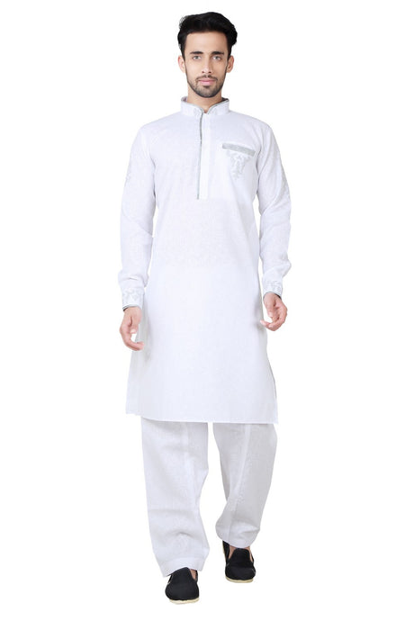 Buy Men's Cotton Linen Solid Pathani Set in White