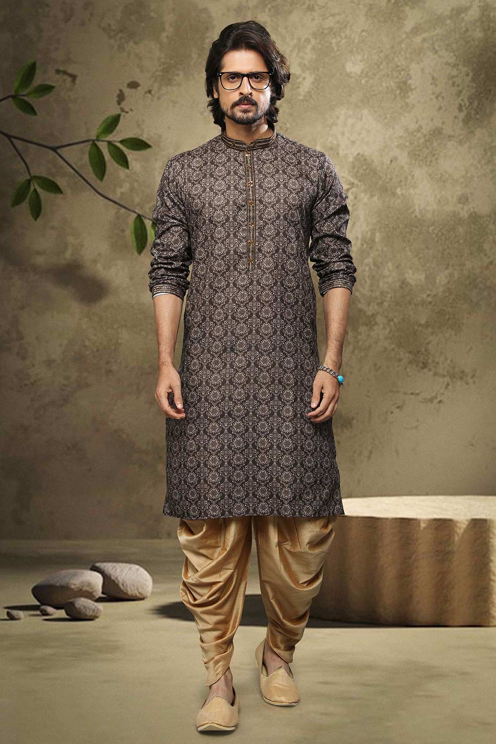 Buy Brown Silk Embroidered Kurta Pajama Online - Karmaplace