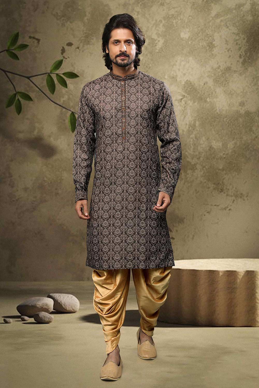 Buy Brown Silk Embroidered Kurta Pajama Online - Karmaplace