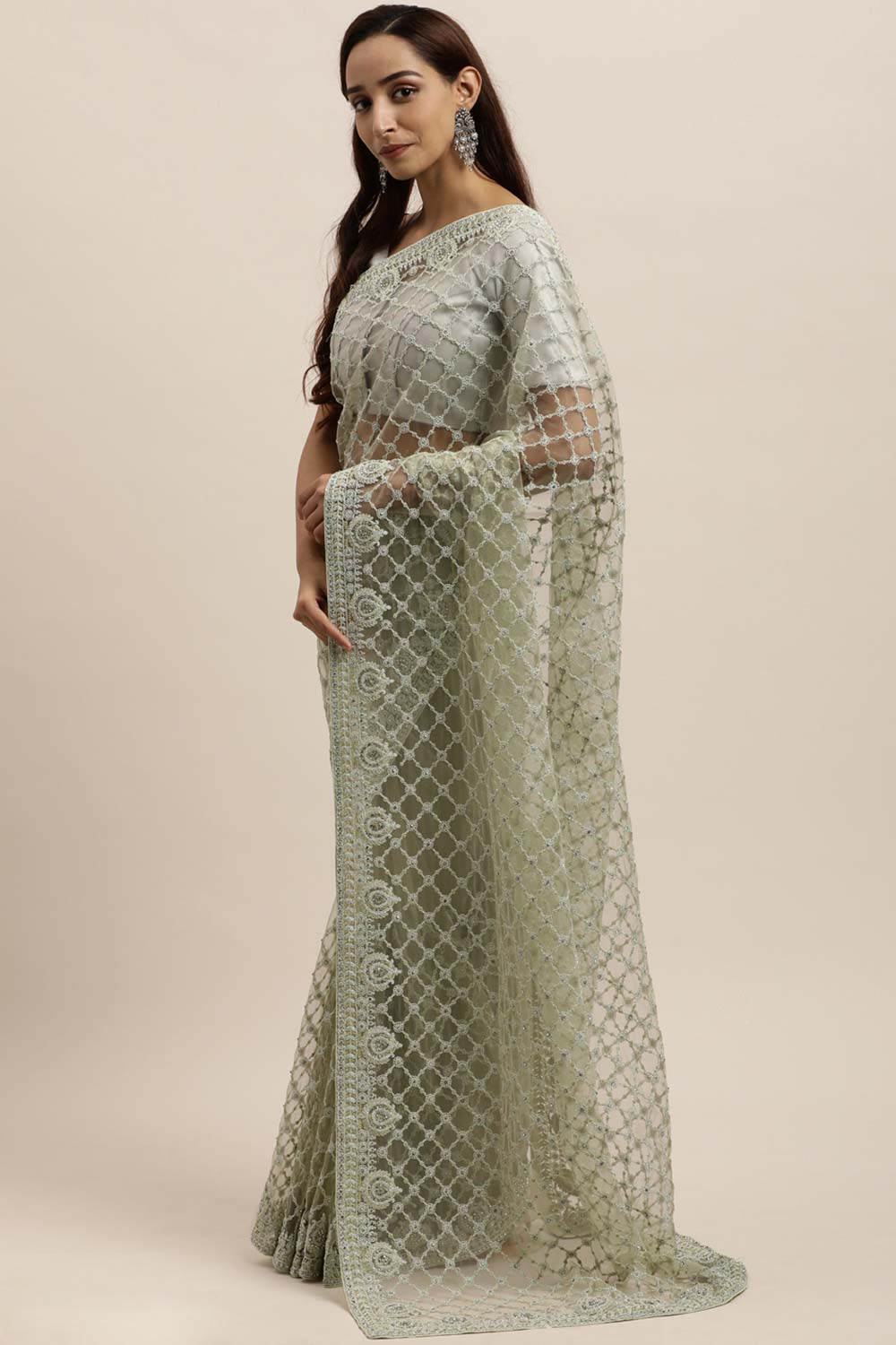 Net Embroidered Saree In Sea Green