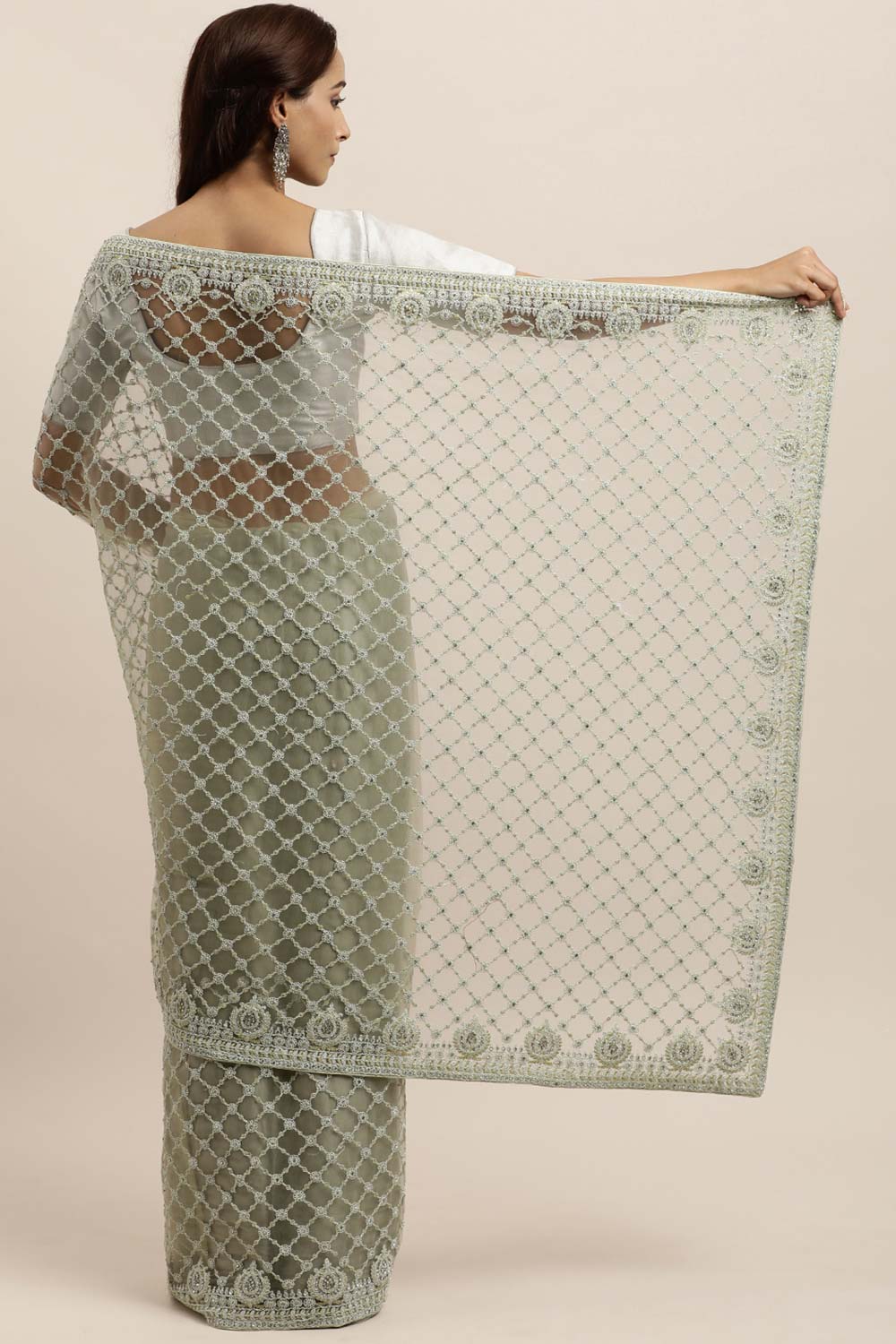 Net Embroidered Saree In Sea Green