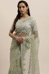 Net Embroidered Saree In Sea Green