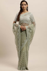 Net Embroidered Saree In Sea Green