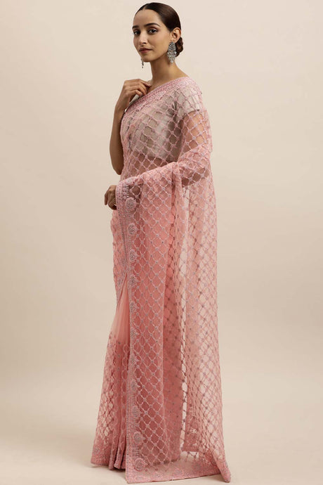 Net Embroidered Saree In Peach