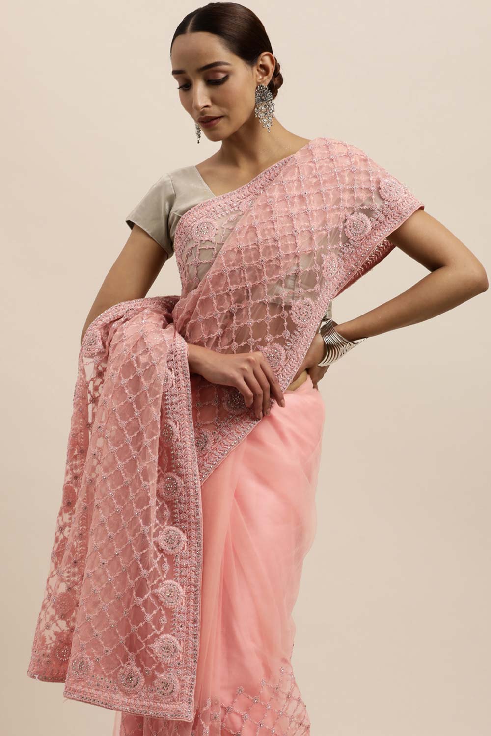 Net Embroidered Saree In Peach