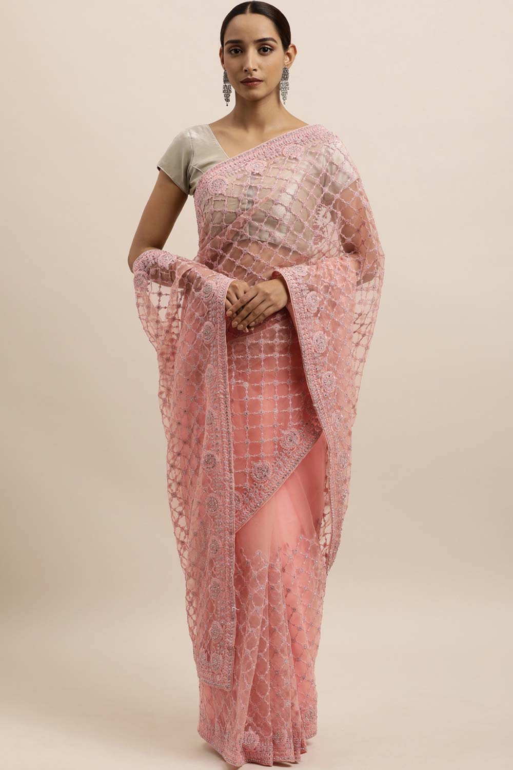 Net Embroidered Saree In Peach