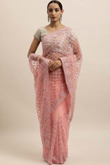 Net Embroidered Saree In Peach