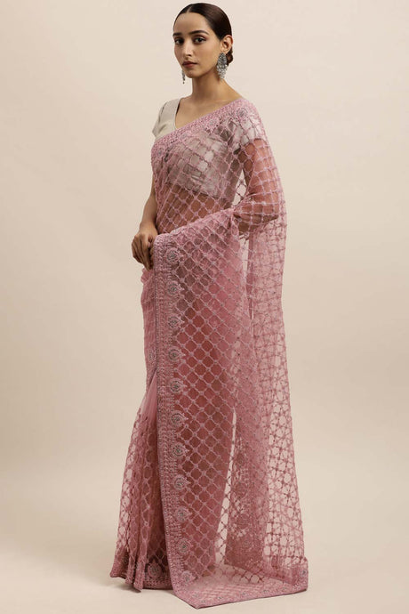 Net Embroidered Saree In Pink