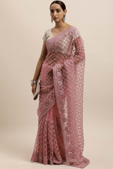 Net Embroidered Saree In Pink