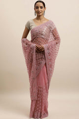 Net Embroidered Saree In Pink