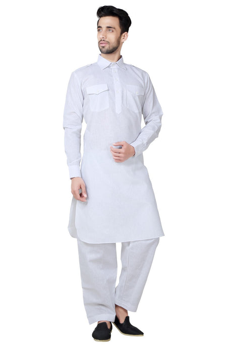 Buy Men's Cotton Linen Solid Pathani Set in White