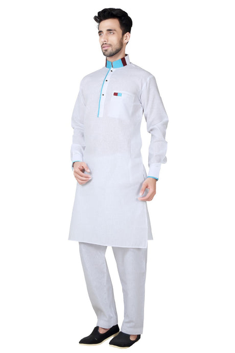 Buy Men's Cotton Linen Solid Pathani Set in White