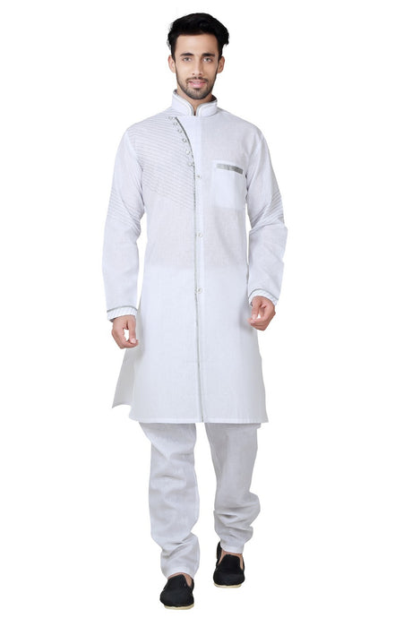 Buy Men's Cotton Linen Printed Pathani Set in White