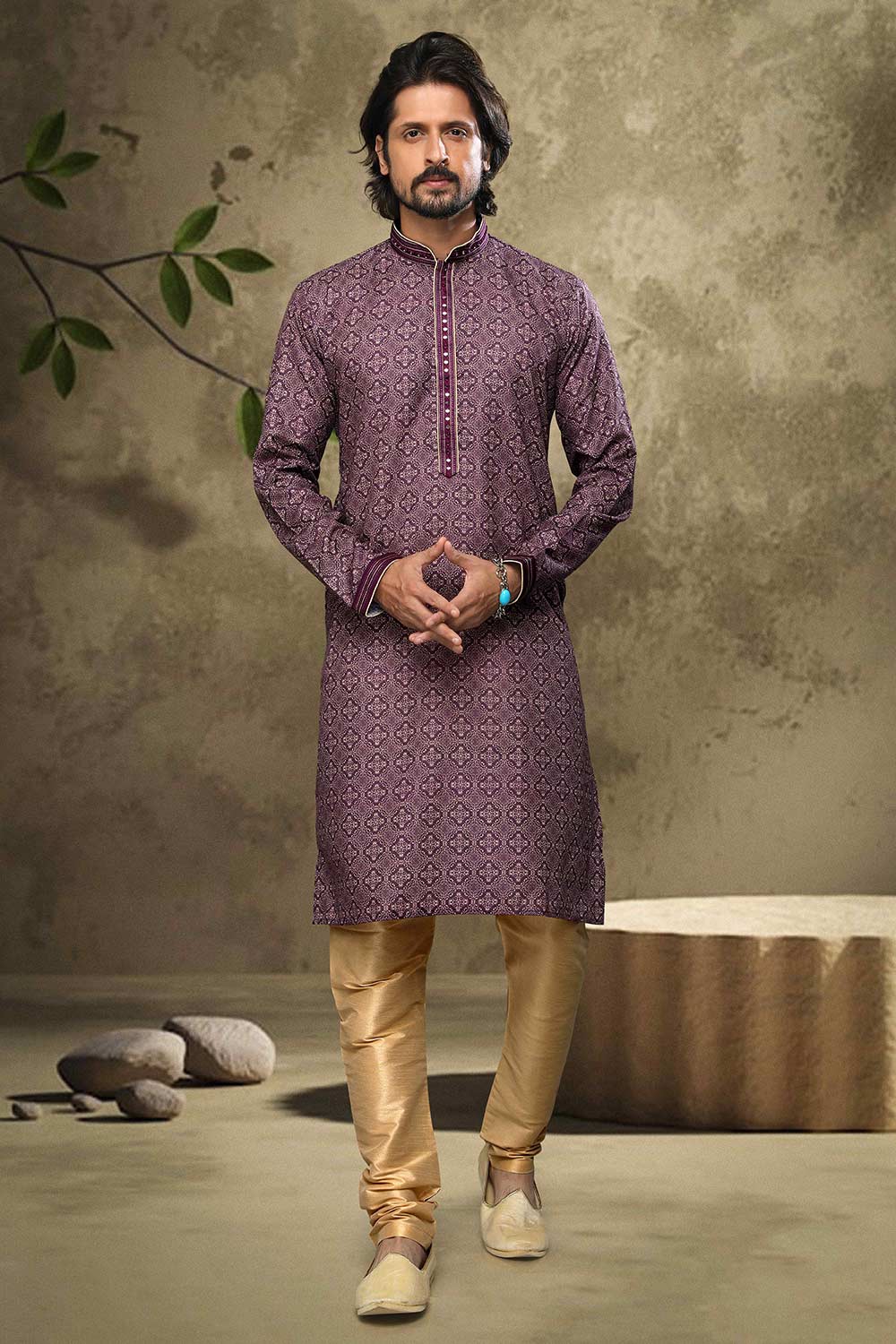 Buy Purple Silk Embroidered Kurta Pajama Online - Karmaplace