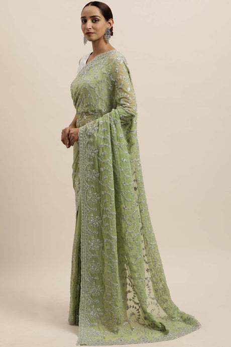 Georgette Embroidered Saree In Green