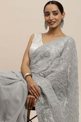 Georgette Embroidered Saree In Grey