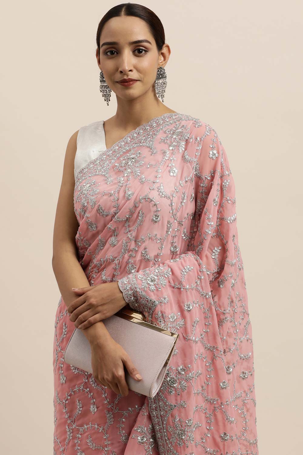 Georgette Embroidered Saree in Pink