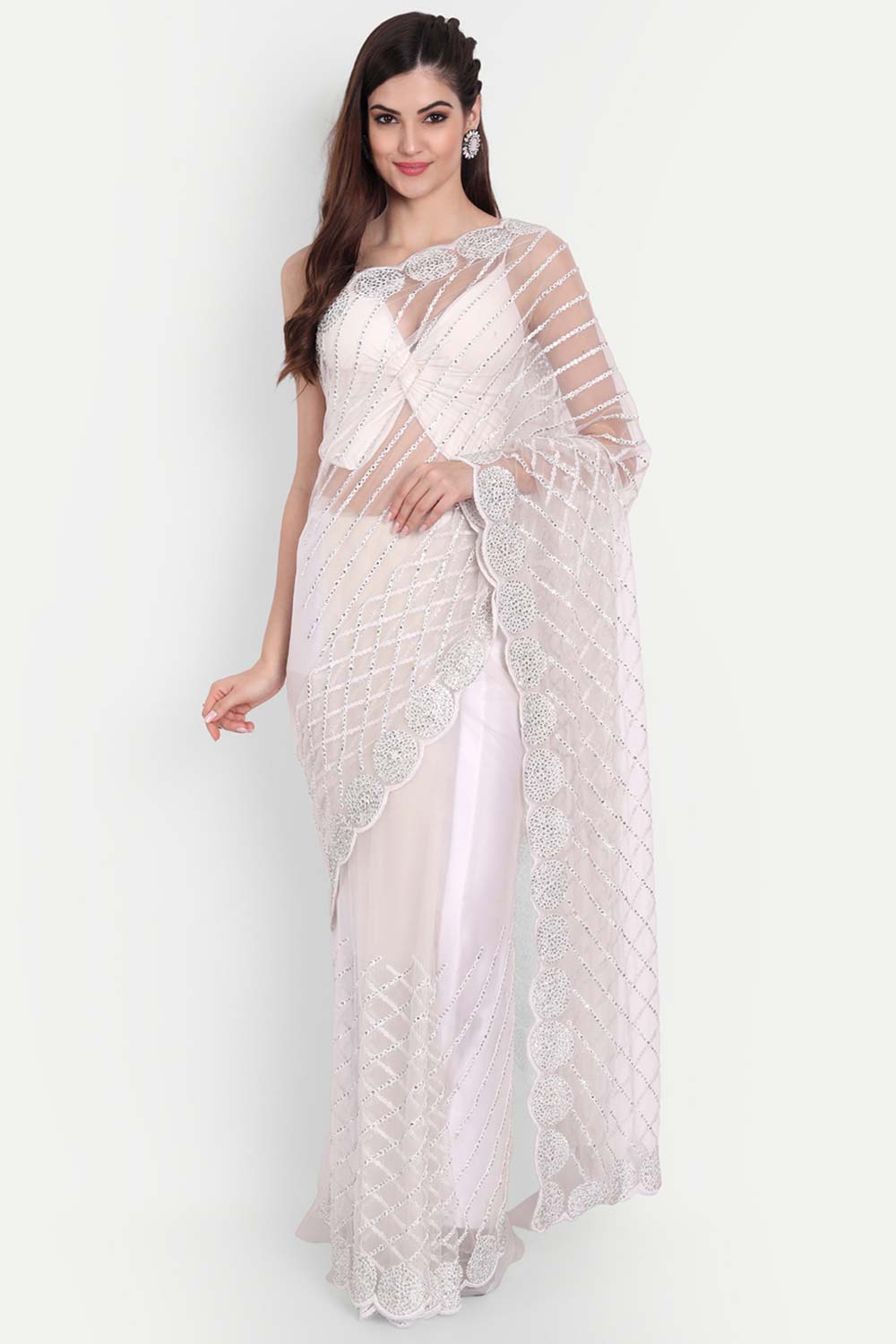 White Net White Thread Embroidered Saree