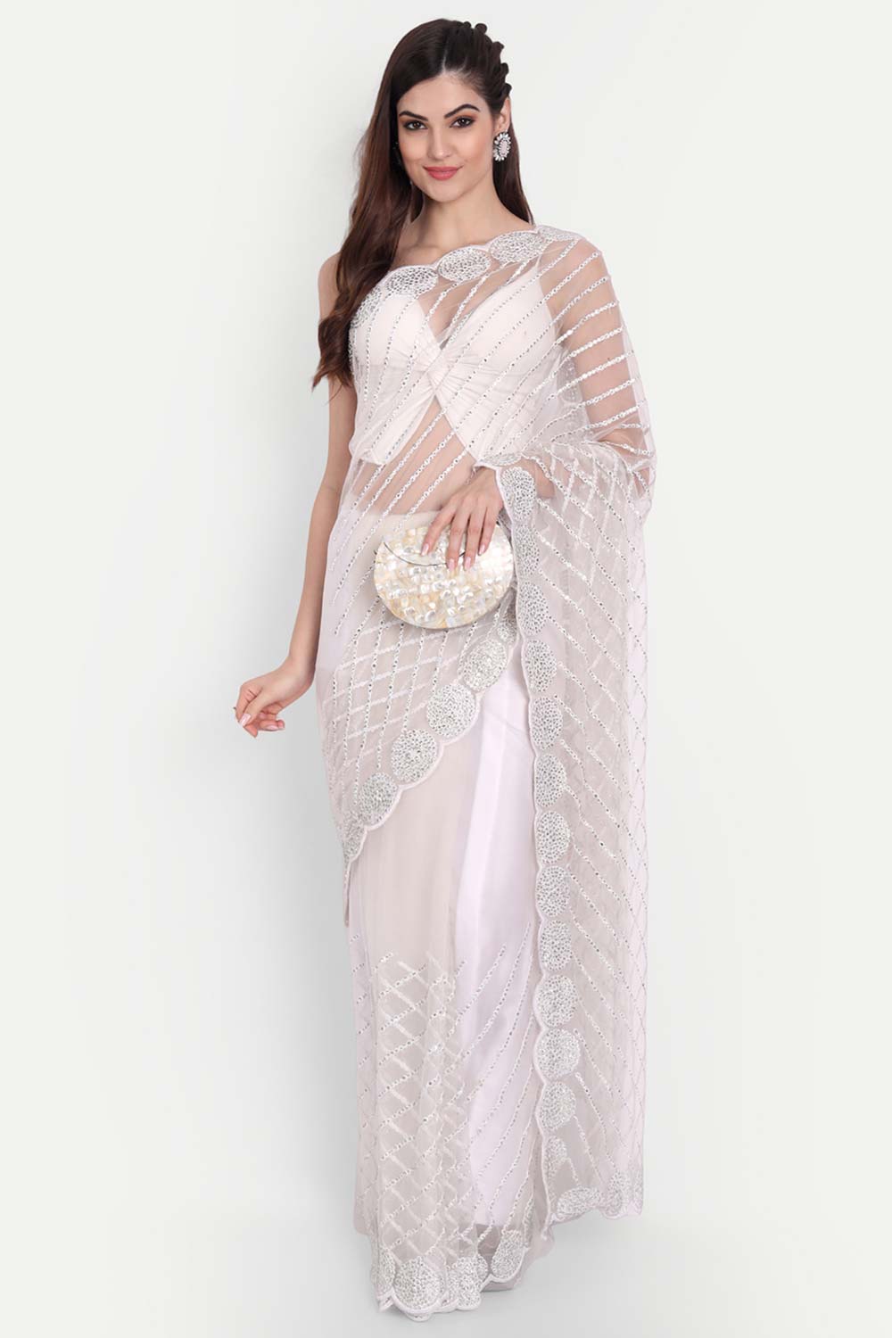 White Net White Thread Embroidered Saree
